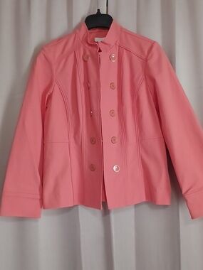 Chicos Salmon Pink Military Style Band Jacket Decorative Buttons Mandarin Collar